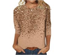 Ybing Discounter 3/4 Ärmel Pullover Damen Glitzer Druck Langarmshirt Casual Rundhals Bluse Leichte Langarm Tshirt Locker Pulli Dünne Longsleeve Oberteile Teenager Mädchen Basic