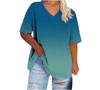 Ybing Große Größen Tshirt Damen Farbverlauf V-Ausschnitt T-Shirt Casual Bluse Sommer Locker T Shirt Dünne Kurzarm Oberteile Bequem Basic Tee Tops Baumwolle Blusenshirt Sportshirt S-5XL