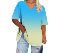 Ybing Große Größen Tshirt Damen Farbverlauf V-Ausschnitt T-Shirt Casual Bluse Sommer Locker T Shirt Dünne Kurzarm Oberteile Bequem Basic Tee Tops Baumwolle Blusenshirt Sportshirt S-5XL