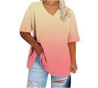 Ybing Große Größen Tshirt Damen Farbverlauf V-Ausschnitt T-Shirt Casual Bluse Sommer Locker T Shirt Dünne Kurzarm Oberteile Bequem Basic Tee Tops Baumwolle Blusenshirt Sportshirt S-5XL