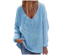 Ybing Häkelpullover Damen Oversized Modische Strickpullover Locker V-Ausschnitt Longpullover Einfarbig Warme Pullover Herbst Winter Häkelpulli Regulär Fit Longshirt Langarm Oberteile Basic Top