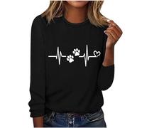 Ybing Langarmshirt Damen Herz EKG Hundepfote Motiv Oberteile Elegante Rundhals Bluse Dünne Pullover Schlank Langarm T-Shirt Leichte Pulli Bequem Longsleeve Tshirt Baumwolle Basic Top
