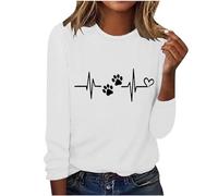 Ybing Langarmshirt Damen Herz EKG Hundepfote Motiv Oberteile Elegante Rundhals Bluse Dünne Pullover Schlank Langarm T-Shirt Leichte Pulli Bequem Longsleeve Tshirt Baumwolle Basic Top