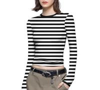 Ybing Langarmshirt Damen Kurz Modische Gestreift Druck Pullover Slim Fit Rundhals Bluse Große Größen Pulli Weich Langarm Tunika Bequem Oberteile Teenager Mädchen Basic Top Longsleeve Tshirt S-5XL