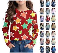 Ybing Langarmshirt Mädchen 3D Stern Druck Pullover Y2K O-Ausschnitt Sweatshirt Locker Longsleeve Pulli Klassisch Langarm Tshirt Leichte Baumwolle Oberteile Basic Top 3-14 Jahre Warehouse Deal