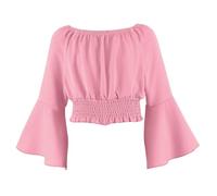 Ybing Meine bestellungen anzeigen Crop Top Mädchen Einfarbig Bluse mit Zurückgezogener Taille Locker Bauchfreie Oberteile Elegante Glockenärmel Langarmshirt Neueste Schulterfrei Tops Sommer