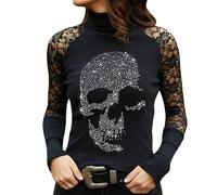 Ybing Meine bestellungen anzeigen Spitze Langarmshirt Damen Strass Totenkopf Druck Rollkragenpullover Modische Spitzennähte Langarm Bluse Schlank Oberteile Dünne Basic Top Bequem