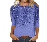 Ybing Prime of Day 2024 Angebote 3/4 Ärmel Pullover Damen Glitzer Druck Langarmshirt Casual Rundhals Bluse Leichte Langarm Tshirt Locker Pulli Dünne Longsleeve Oberteile Teenager Mädchen