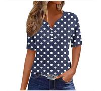 Ybing Prime of Day 2025 Angebote Bluse Damen Polka-Punkte Druck Tshirt Knöpfe V-Ausschnitt T-Shirt Modische T Shirt Locker Kurzarm Oberteile Dünne Blusenshirt Baumwolle Tee Tops Leichte
