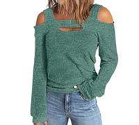 Ybing Schulterfrei Strickpullover Damen Elegante Einfarbig Pullover Slim Fit Langarmshirt Leichte Rundhals Bluse Langarm Strickpulli Bequem Pulli Teenager Mädchen Oberteile Basic Top Tunika