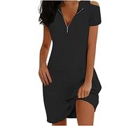 Ybing Sommerkleid Damen Knielang Reißverschluss V-Ausschnitt Kleider Einfarbig Schulterfrei Minikleid Lässig Kurzarm Partykleid Sommer Locker Shirtkleid Leichte Freizeitkleid Dünne Tunikakleid