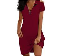 Ybing Sommerkleid Damen Knielang Reißverschluss V-Ausschnitt Kleider Einfarbig Schulterfrei Minikleid Lässig Kurzarm Partykleid Sommer Locker Shirtkleid Leichte Freizeitkleid Dünne Tunikakleid