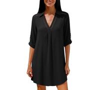 Ybing Spitze Longbluse Damen Elegant Lang Musselin Bluse Leicht und Luftige Leinenbluse Lose V-Ausschnitt Tunika Lässig Revers Longshirt Blusenkleid Baumwolle Leinen Tunikakleid Dünne Hemdblusenkleid