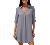 Ybing Spitze Longbluse Damen Elegant Lang Musselin Bluse Leicht und Luftige Leinenbluse Lose V-Ausschnitt Tunika Lässig Revers Longshirt Blusenkleid Baumwolle Leinen Tunikakleid Dünne Hemdblusenkleid