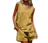 Ybing Zweiteiler Damen Sommer Leinenanzug Musselin Tank Top und Leinen Shorts 2 Teiler Set Casual Sportanzug Sets Leichte Einfarbig Outfits Atmungsaktiv Oversize Freizeitanzug Loungewear mit Taschen