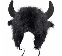 YCBMINGCAN Büffelmütze mit Hörnern, pelziger Ohrenschützer, Wintermütze, Büffelgesicht, flauschige Ohrbedeckung, Ohrenklappenmütze Hut Herren (Black, One Size)