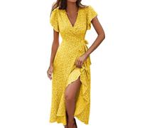 YCBMINGCAN Damen Boho Maxikleid mit Blumenmuster | V-Ausschnitt Sommerkleid für Strand & Festival | Leichtes, fließendes Strandkleid mit Schlitz | Lang