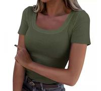 YCBMINGCAN Damen Kurzarm Rundhalsausschnitt Rippstrick Figurbetontes Casual Tops T-Shirt Sommer Schlank Basic Shirts Damen Pullover Schwarz Elegant (AG, XL)