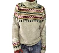 YCBMINGCAN Damen Norweger Pullover aus Grobstrick mit Jacquard Muster Langarm Winterpullover mit Stehkragen als Oberteil für Frauen Lässiger Strickpullover in lockerer Passform für Winter
