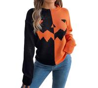 YCBMINGCAN Damen Rundhals Halloween Gestrickter Warmer Und Lockerer Langarmpullover Sweatshirt Damen Eng (Orange, M)