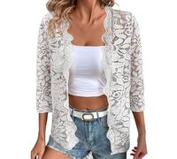 YCBMINGCAN Damen Strickjacke mit gemusterter Spitze, hohle Spitze, einfarbig, fünf Viertelärmel Strickjacken Damen Frühling (White, XXL)