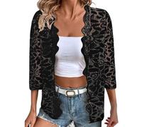 YCBMINGCAN Damen Strickjacke mit gemusterter Spitze, hohle Spitze, einfarbig, fünf Viertelärmel Strickjacken Damen Frühling (Black, XL)