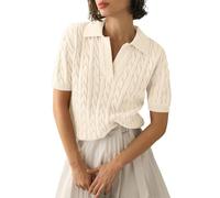 YCBMINGCAN Damen Strickpolo mit Polokragen Kurzarm Pullover mit Zopfmuster | Slim Fit Kurzarmpullover für den Sommer | Vintage Stricktop Lässiges Oberteil Basic Strickwaren für Damen