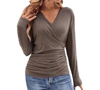 YCBMINGCAN Damen V-Ausschnitt gerüschte Tops Wickelshirts lässig taillierte T-Shirts 2024 Langes Top Damen (Khaki, XL)