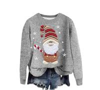 YCBMINGCAN Damenpullover mit Santa-Print für Damen, modisch, lässig, kapuzenlos, Rundhalsausschnitt, Imitationspullover Pullover Damen Elegant Große Größen (Grey, XL)