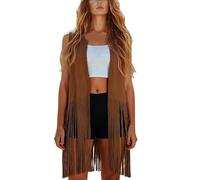 YCBMINGCAN Fransenweste Damen Cowgirl Kostüm Wildlederoptik - Ärmellose Weste mit Fransen für Karneval Fasching - 70er Jahre Hippie Outfit Wildlederimitat Gilet Lang für Western Mottoparty
