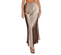 YCBMINGCAN Frühling Sommer Röcke Satin Rock Hohe Taille Maxi Cocktail Party Hochzeit A Linie Lange Röcke Kord Röcke Damen (Coffee, XS)