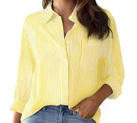 YCBMINGCAN Gestreiftes Button-Down-Hemd aus Baumwolle für Damen, etwas übergroße Langarmblusen, Oberhemden, Arbeitsoberteile Cartoon Bluse Damen 38 (Yellow, M)