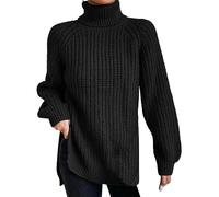 YCBMINGCAN Halloween Pullover Damen Strickpullover, mittellang, Schulterärmel, hohes, geteilter Pullover Gestreifter Pullover Damen Strick (Black, L)