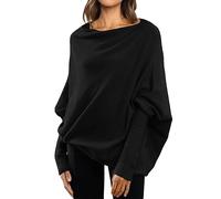 YCBMINGCAN Herbstpullover für Damen, asymmetrischer drapierter Pullover, lange Fledermausärmel, schulterfreier Pullover, lockerer Strickpullover Damen Pullover in Dunkelblau (Black, S)