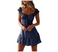 YCBMINGCAN Kleid Damen Sommer,Sommerkleid Damen Kurz Boho Blumenkleid V-Ausschnitt Strandkleid Lässig Minikleid mit Rüschen Kurzarm A-Linie Swing Kleid High Waist Freizeitkleid für Urlaub Party