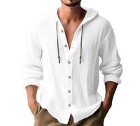YCBMINGCAN Langärmeliges Herren-Kapuzenhemd aus fester Baumwolle und Leinen mit Knöpfen Herren Hemd Dunkelblau (White, XL)