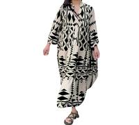 YCBMINGCAN Langärmliges Kleid für Damen, plissiertes V-Ausschnitt, Übergröße, gestuftes Maxikleid, lässiges, lockeres, fließendes Strand-Maxikleid im Boho-Stil Kleider Damen Sommer Elegant (Black, M)