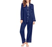 YCBMINGCAN Prime-Exclusive-Discount Schlafanzug Damen Satin Pyjama Hausanzug Mit Knöpfen Lang Schlafanzüge Für Damen Zweiteiliger V-Ausschnitt Nachtwäsche Pjs Sets Loungewear Elegant Sleepwear