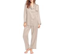 YCBMINGCAN Sale-Angebote Schlafanzug Damen Satin Pyjama Hausanzug Mit Knöpfen Lang Schlafanzüge Für Damen Zweiteiliger V-Ausschnitt Nachtwäsche Pjs Sets Loungewear Elegant Sleepwear