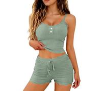 YCBMINGCAN Sommer Schlafanzug Damen Kurz - Shorty Pyjama Set Spaghettiträger Top und Shorts mit Kordelzug Nachtwäsche mit Spitze und Knopfleiste 2 Teiler Damen Hausanzug Loungewear Set