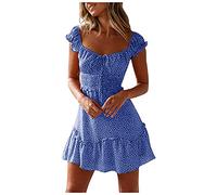 YCBMINGCAN Strandkleid Damen,Sommerkleid Damen Kurz Boho Blumenkleid V-Ausschnitt Strandkleid Lässig Minikleid mit Rüschen Kurzarm A-Linie Swing Kleid High Waist Freizeitkleid für Urlaub Party