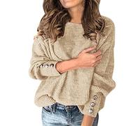 YCBMINGCAN Strickbluse Damen Mode Frauen Solide Pullover Top Schleife Kragen Solide Knöpfe Langarm Gestrickte Lässige Pullover Warme Elegante Top Fleecepullover Damen Weiß (Khaki, L)