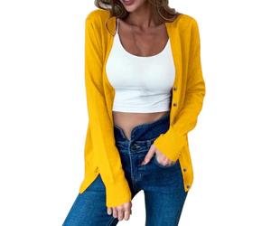 YCBMINGCAN Strickjacke Damen Cardigan Einfarbig Offene Front Jacke Knöpfe Fleecejacke Langarm Strickcardigan Modische V-Ausschnitt Slim Fit Übergangsjacke Bequem Herbstjacke 2024 Für (Yellow-1, XXL)
