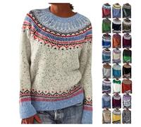 YCBMINGCAN Strickpullover Damen im Norweger Stil | Kuscheliger Winterpullover aus Chenille Grobstrick | Langarm Oberteil mit Jacquard Muster | Lässiger Rundhalspullover