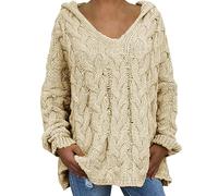 YCBMINGCAN Weihnachtspulli Damen Katze Einfarbig Kapuze Lange Ärmel Pullover Tops Longpullover Für Damen (Beige, XXL)