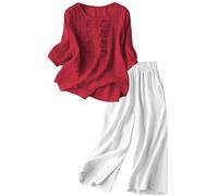 YCBMINGCAN Zweiteiler Damen Sommer aus Leinen Baumwoll, Boho Set mit Tunika Bluse mit Stickerei und weiter Hose, Luftiger Leinenanzug für Strand und Urlaub