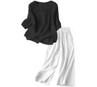 YCBMINGCAN Zweiteiler Damen Sommer aus Leinen Baumwoll, Boho Set mit Tunika Bluse mit Stickerei und weiter Hose, Luftiger Leinenanzug für Strand und Urlaub