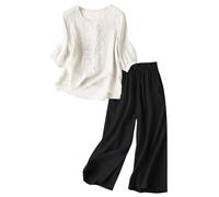 YCBMINGCAN Zweiteiler Damen Sommer aus Leinen Baumwoll, Boho Set mit Tunika Bluse mit Stickerei und weiter Hose, Luftiger Leinenanzug für Strand und Urlaub