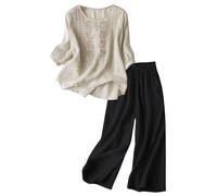 YCBMINGCAN Zweiteiler Damen Sommer aus Leinen Baumwoll, Boho Set mit Tunika Bluse mit Stickerei und weiter Hose, Luftiger Leinenanzug für Strand und Urlaub