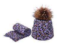 YCHUCH 2 Stücke Winter Frauen Pompon Beanie Hut Schal Set Leopard Warme Kunstpelz Pom Pom Caps Schal Hut Set